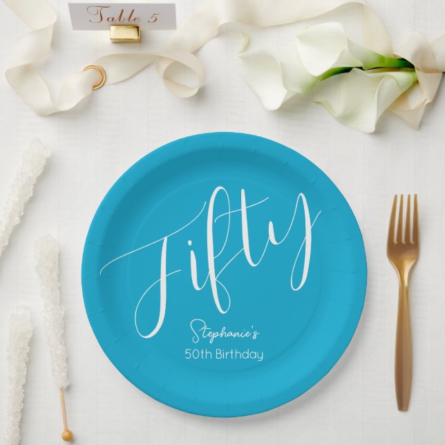 Assiettes En Carton Script simple moderne Aqua Blue 50e anniversaire (Mariage)