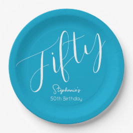 Assiettes En Carton Script simple moderne Aqua Blue 50e anniversaire