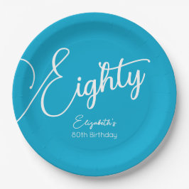 Assiettes En Carton Script simple moderne Aqua Blue 80th Birthday Part