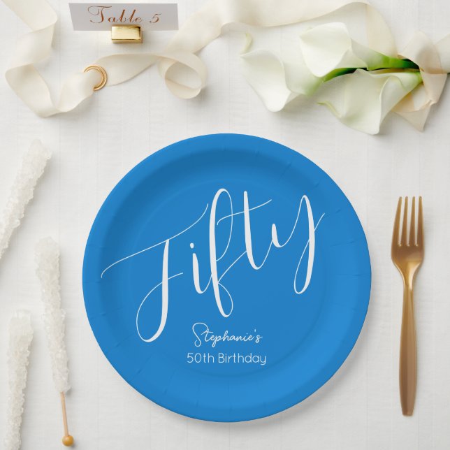 Assiettes En Carton Script simple moderne bleu 50e anniversaire (Mariage)