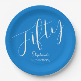 Assiettes En Carton Script simple moderne bleu 50e anniversaire