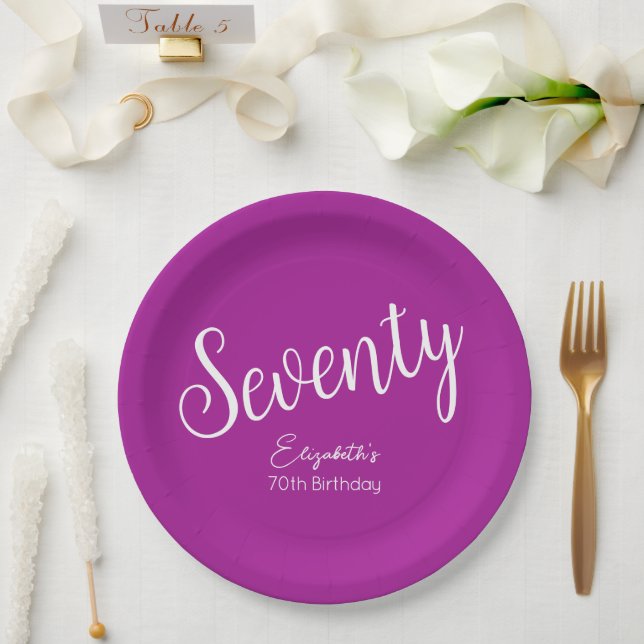 Assiettes En Carton Script simple moderne rose foncé 70e anniversaire (Mariage)
