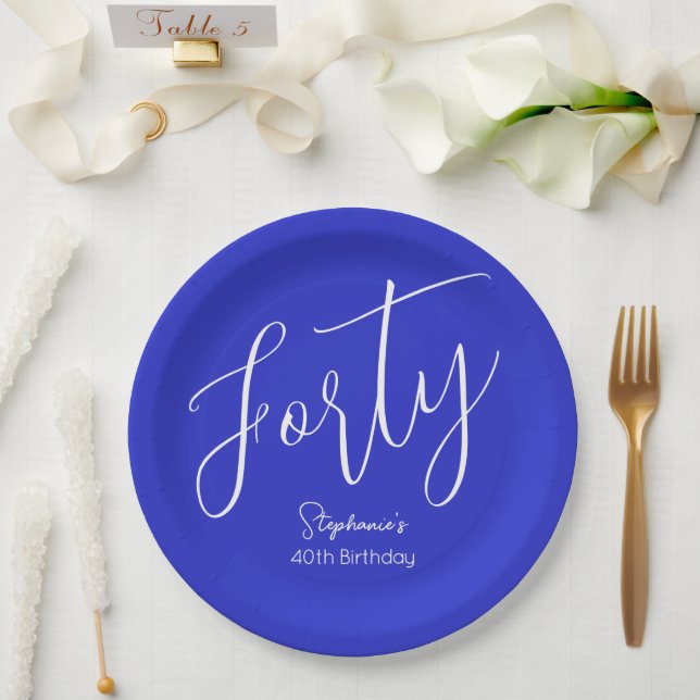 Assiettes En Carton Script simple moderne Royal Blue 40th Birthday (Mariage)