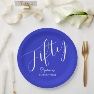 Assiettes En Carton Script simple moderne Royal Blue 50th Birthday