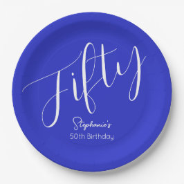Assiettes En Carton Script simple moderne Royal Blue 50th Birthday