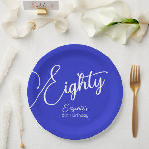 Assiettes En Carton Script simple moderne Royal Blue 80th Birthday