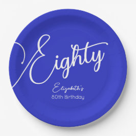 Assiettes En Carton Script simple moderne Royal Blue 80th Birthday