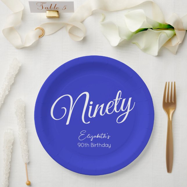 Assiettes En Carton Script simple moderne Royal Blue 90e anniversaire (Mariage)