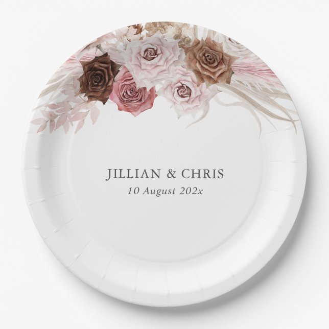 Assiettes En Carton script tendance pampas dusty rose mariage (Devant)