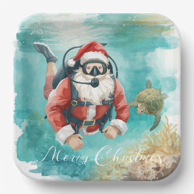 Assiettes En Carton Scuba Santa Underwater Christmas (Recto)