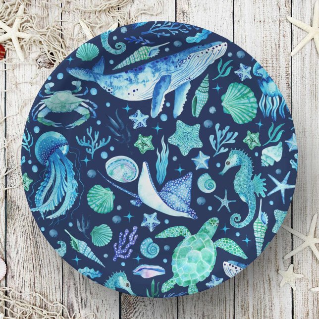 Assiettes En Carton Sea Life Party Aquarelle Blue Ocean Animaux (Sea Life Party Watercolor Blue Ocean Animals Paper Plates)