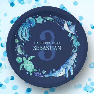 Assiettes En Carton Sea Life Party Ocean Animaux Marine Blue Watercolo