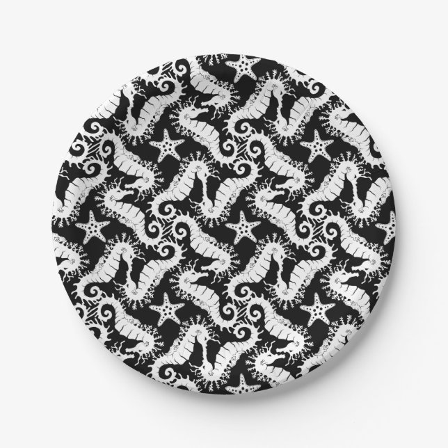 Assiettes En Carton Seahorse et Starfish - Motif noir et blanc (Devant)