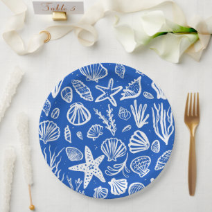 Assiettes En Carton Seashells Beach Wedding Bleu Blanc Cute Balnéaire
