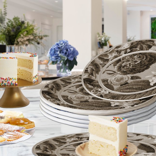 Assiettes En Carton Sépia Tone Brown Toile Florale No.1 (Créateur téléchargé)