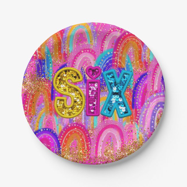 Assiettes En Carton Séquence arc-en-ciel du 6e anniversaire (Devant)