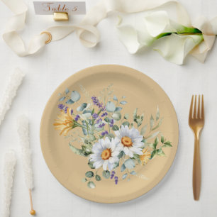 Assiettes En Carton Séquin Jaune clair marguerite lavande douche