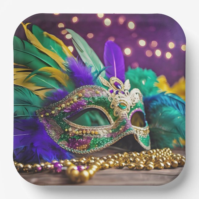 Assiettes En Carton Séquin Mardi Gras Masque Avec Perles (Recto)