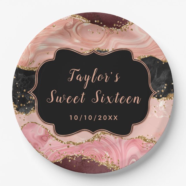 Assiettes En Carton Séquins noirs et roses Agate Sweet sixteen (Devant)