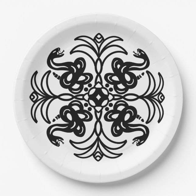 Assiettes En Carton Serpent tribal noir et blanc (Devant)