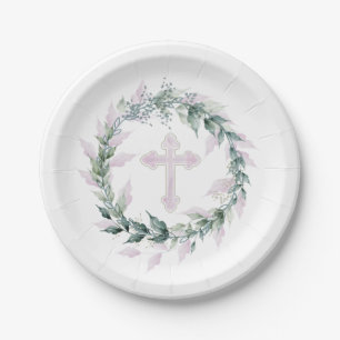 Assiettes En Carton Serre et croix rose Communion Baptême Christening