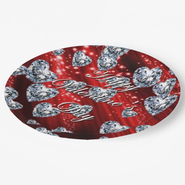 Assiettes En Carton Serviettes Cœurs Diamant Étincelant Rouge (Angle)