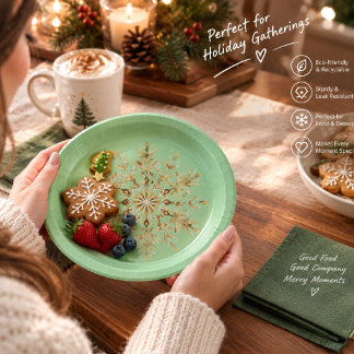 Assiettes En Carton Serviettes de Noël vert sauge avec flocon de neige