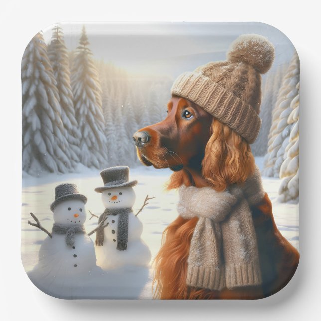 Assiettes En Carton Setter irlandais de Noël avec neigeurs (Recto)