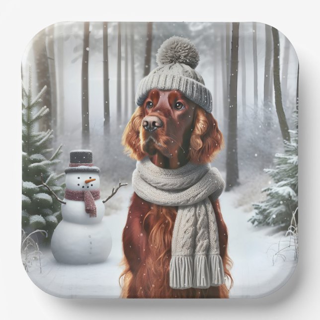 Assiettes En Carton Setter irlandais de Noël avec Snowman (Recto)