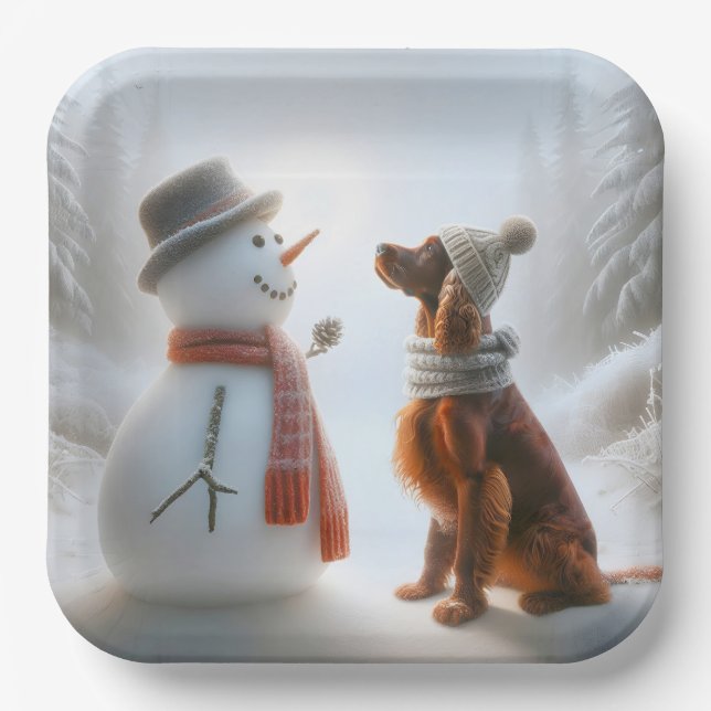 Assiettes En Carton Setter irlandais de Noël avec Snowman (Recto)