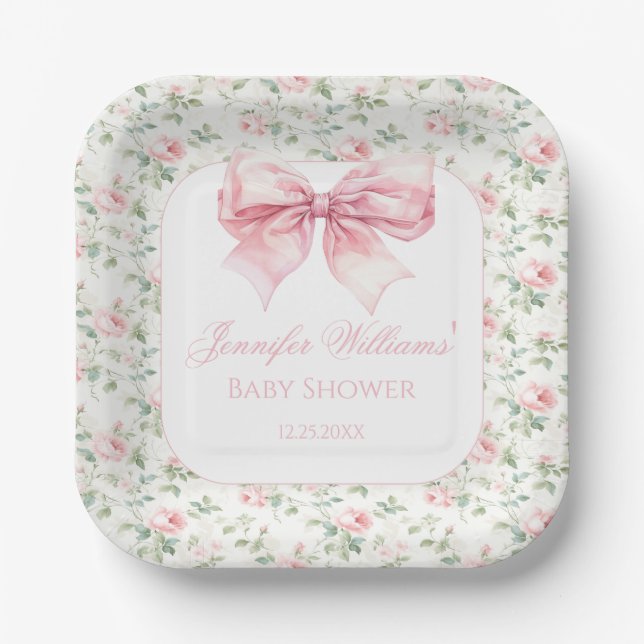 Assiettes En Carton Shabby chic arc rose fleuri bébé douche (Recto)