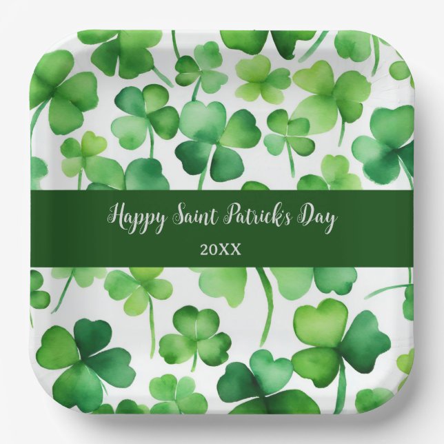 Assiettes En Carton Shamrock d'aquarelle vert Jour de la Saint Patrick (Recto)