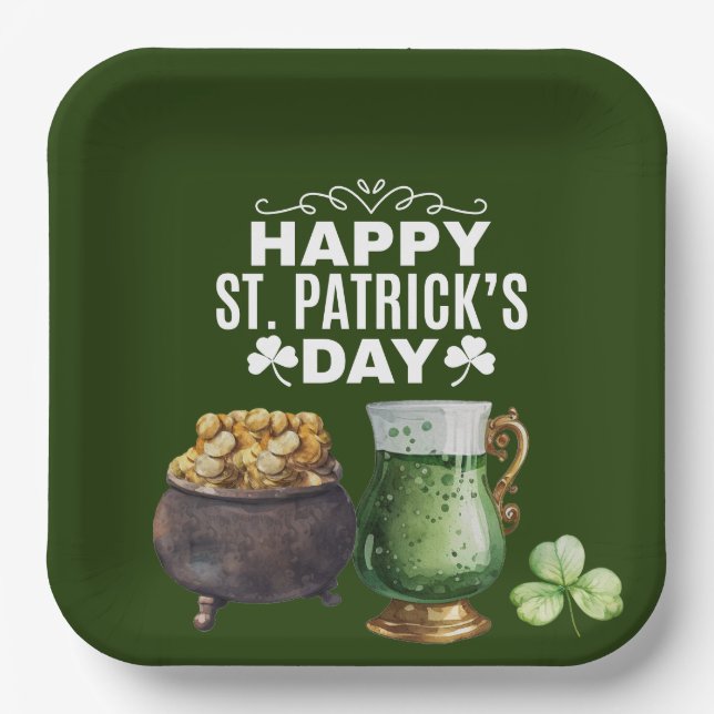 Assiettes En Carton Shamrock de la Saint-Patrick Clover and Pot (Recto)
