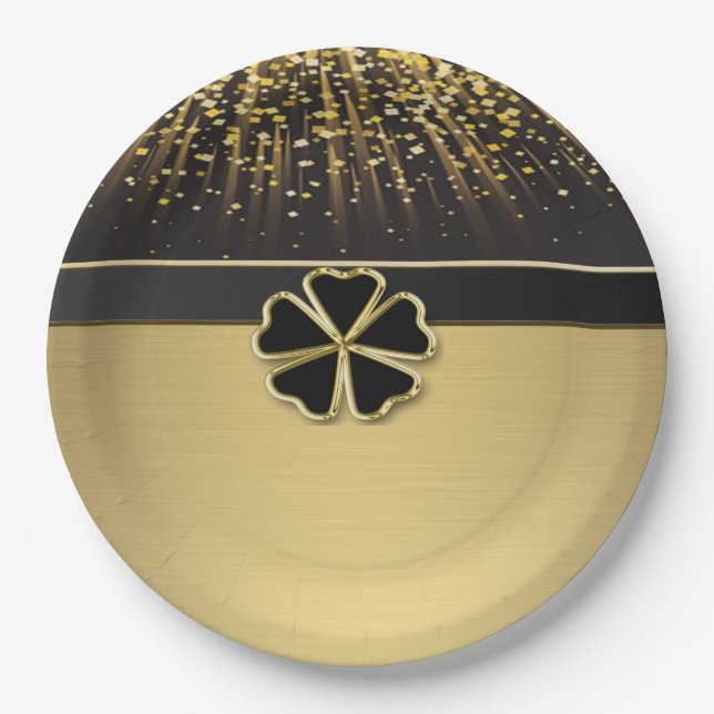 Assiettes En Carton Shamrock irlandais élégant, Faux Gold Confetti (Devant)