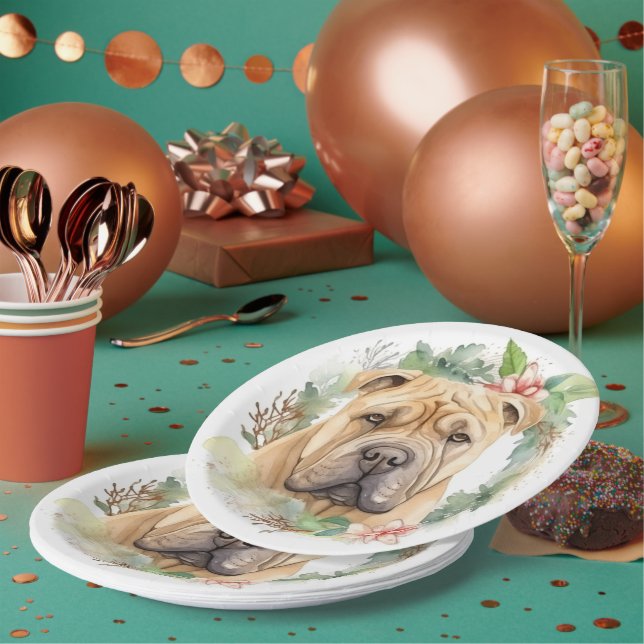 Assiettes En Carton Shar Pei Christmas Wreath Festive Pup (Multi)