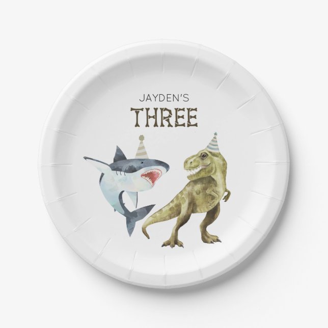 Assiettes En Carton Shark & Dino 3e anniversaire, T-rex Shark Party (Devant)