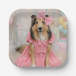 Assiettes En Carton Sheltie in pink dress