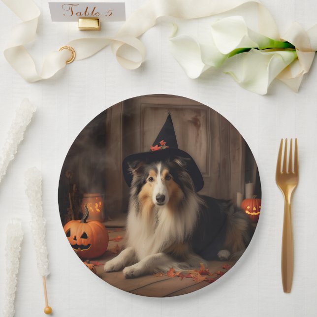 Assiettes En Carton Shetland Sheepdog Citrouille Halloween effrayant (Mariage)
