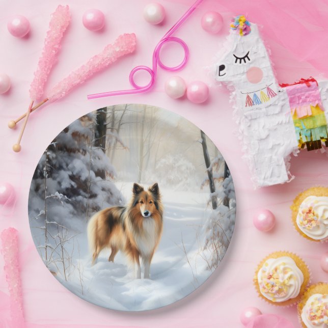 Assiettes En Carton Shetland Sheepdog Laisser neiger Noël (Fête)
