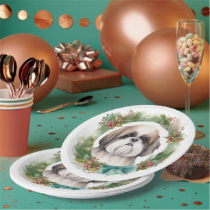 Assiettes En Carton Shih Tzu Christmas Wreath Festive Pup