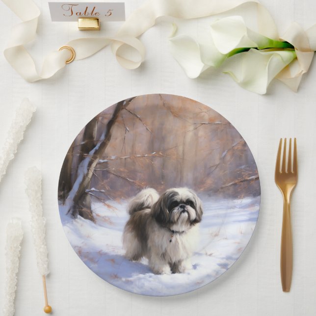 Assiettes En Carton Shih Tzu Laisse Neige Noël (Mariage)