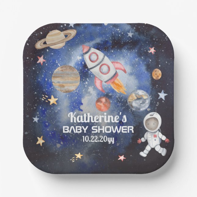 Assiettes En Carton Shower Baby Boy Rocket Planets (Recto)