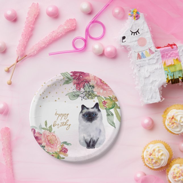 Assiettes En Carton Siamese Cat Illustration joyeuse fête de fille d'a (Fête)