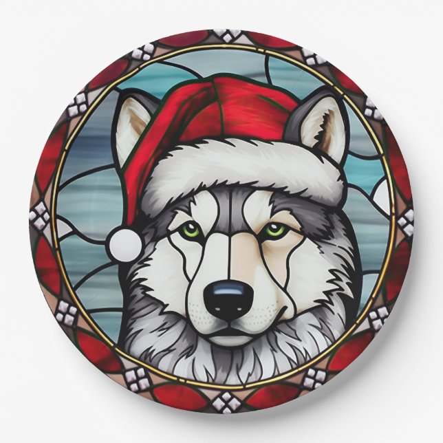 Assiettes En Carton Sibérien Husky Vitrail Noël (Devant)