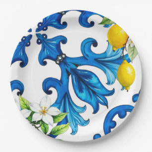 Assiettes En Carton sicilien, été, citron, mosaïque, bleu