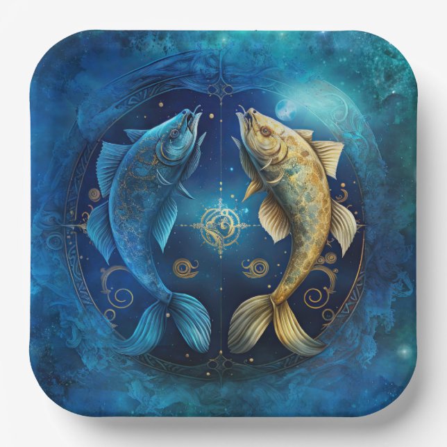 Assiettes En Carton Signe de zodiaque Pisces Design d'aquarelle (Recto)