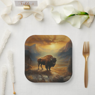 Assiettes En Carton Silhouette du coucher de soleil de bison de buffle