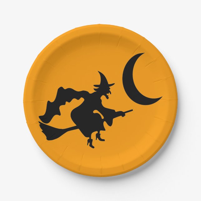 Assiettes En Carton Silhouette Halloween Sorcière Volante (Devant)