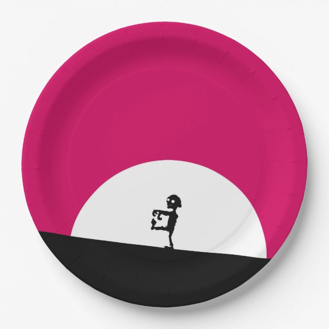 Assiettes En Carton Silhouette Zombie avec Pleine lune (Devant)