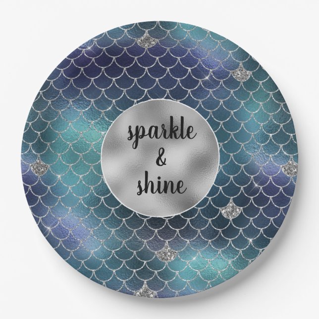 Assiettes En Carton Silver Aqua Blue Mermaid Glitz (Devant)